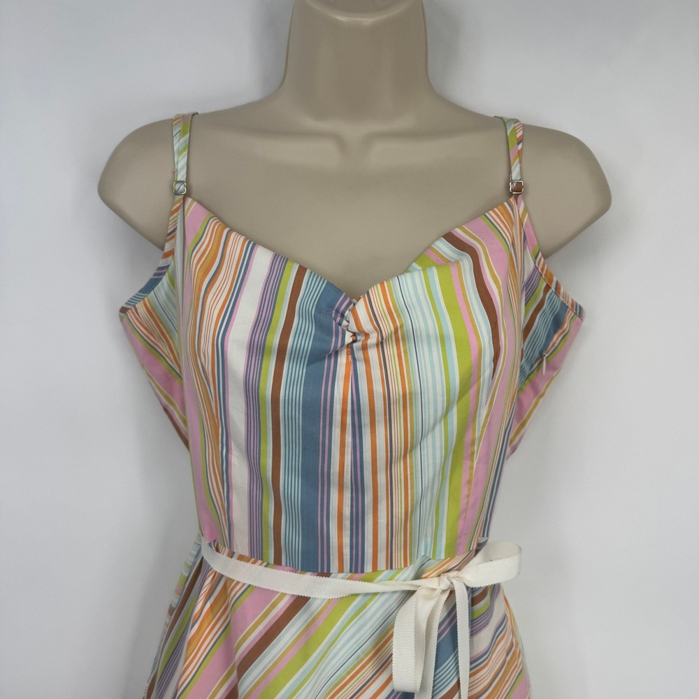 Trina Turk Striped Spaghetti Strap Sun Dress Womens 10 Cotton Tie Waist Lined - Picture 3 of 16